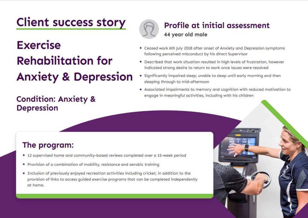 Mental Health An informative flyer detailing exercise rehabilitation services designed to support mental health by addressing anxiety and depression.