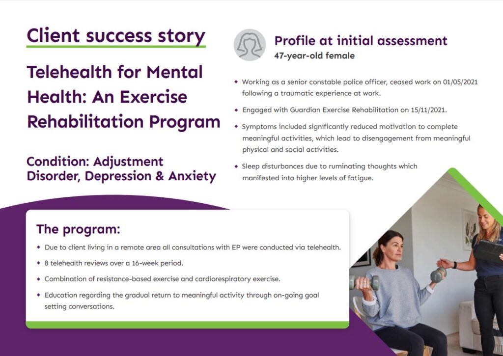 Mental Health A flyer promoting telehealth services for mental health and an accompanying exercise program for overall well-being.