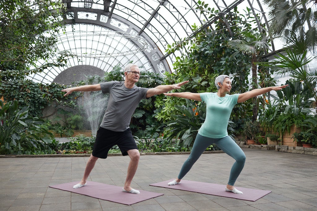 Two individuals practicing yoga in a serene greenhouse, promoting wellness and mindfulness amidst lush greenery.